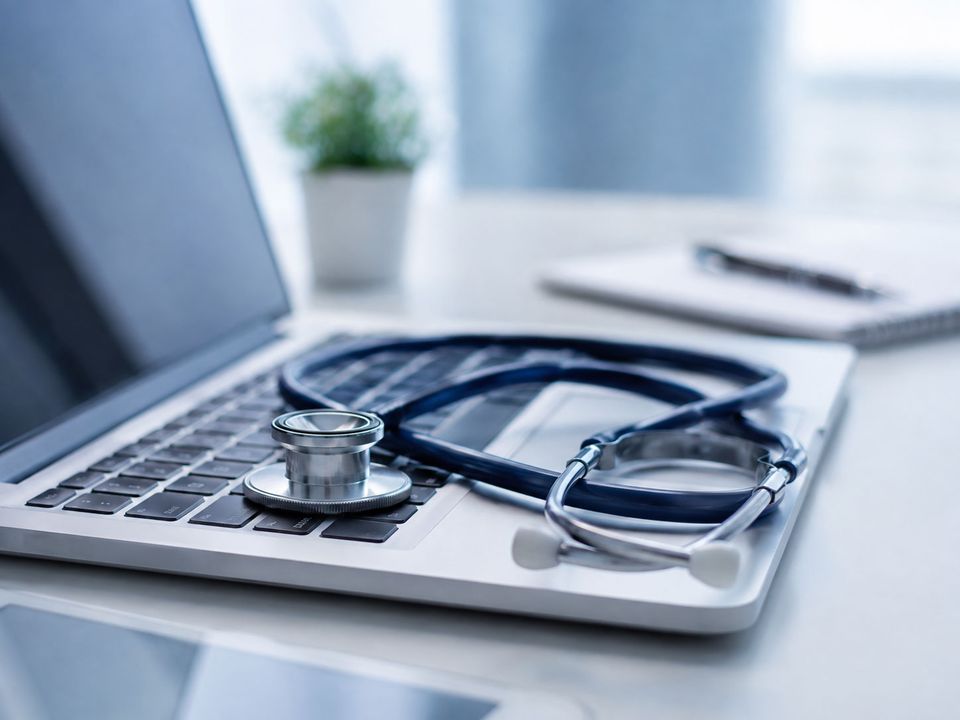 A stethoscope resting on a laptop keyboard on a clinician's desk